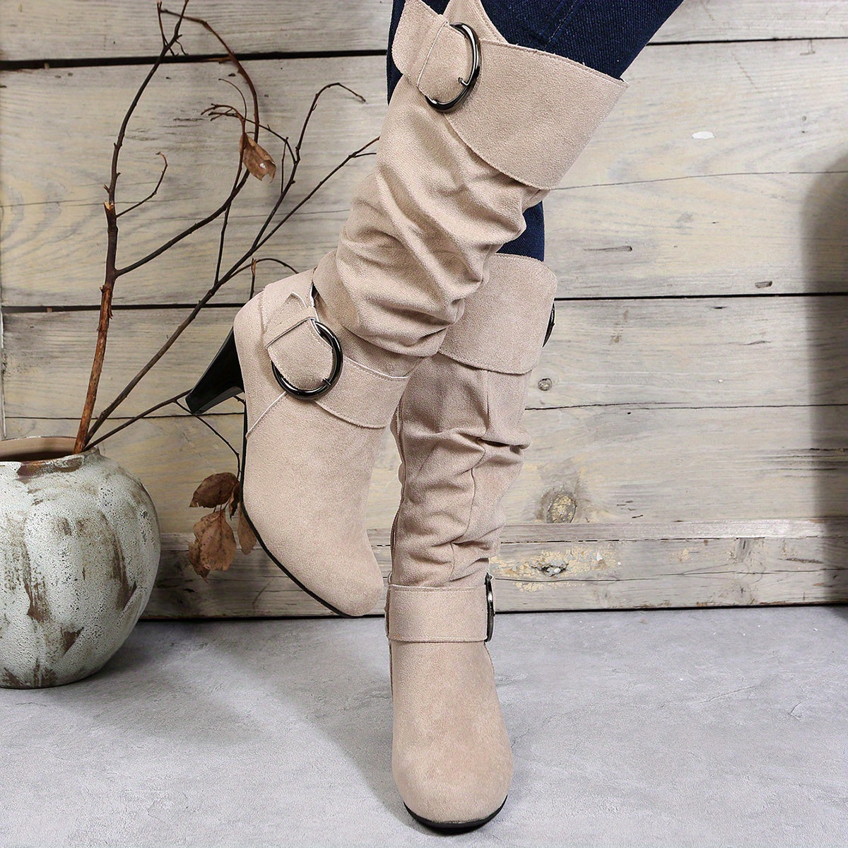 Fashionable Women's Slouchy Boots with Chunky Heels, Buckle Strap, and Pointed Toe - Easy to Pull On and Perfect for Any Occasion
