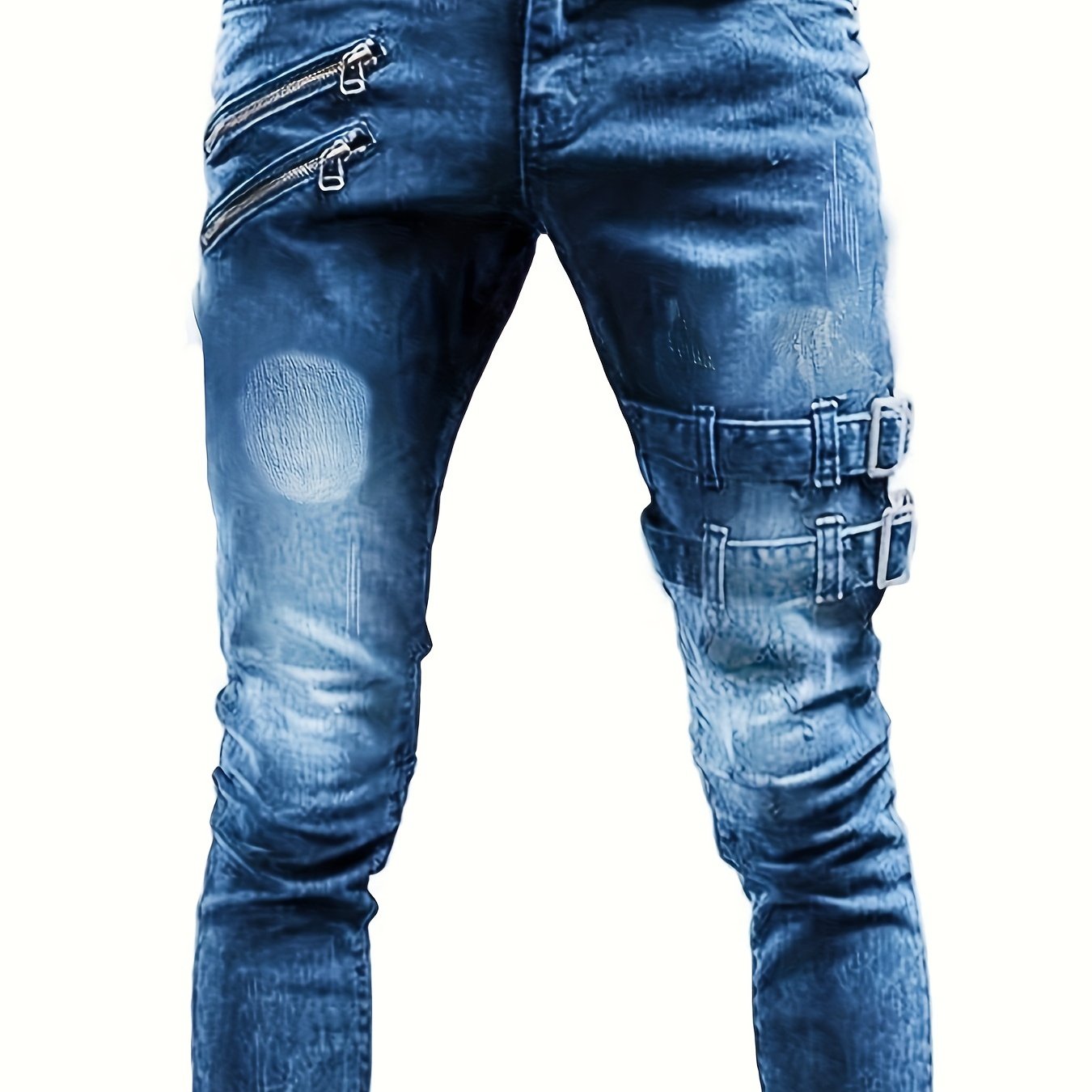 Stretchy Slim Fit Ripped Biker Jeans - Soft, Breathable, Distressed Denim Pants with Elastic Waistband for Men's Casual Street Style Fashion - Perfect for Spring and Fall Seasons
