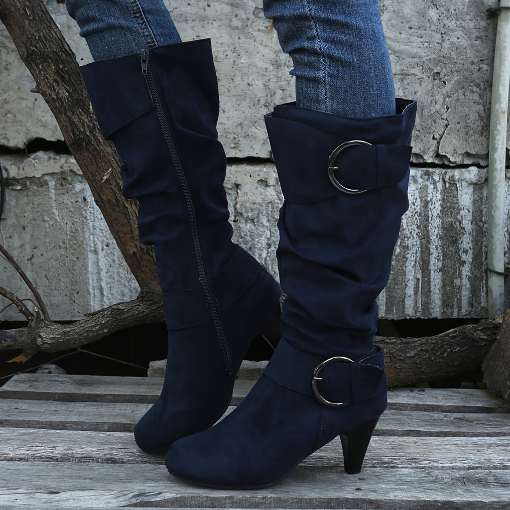 Fashionable Women's Slouchy Boots with Chunky Heels, Buckle Strap, and Pointed Toe - Easy to Pull On and Perfect for Any Occasion