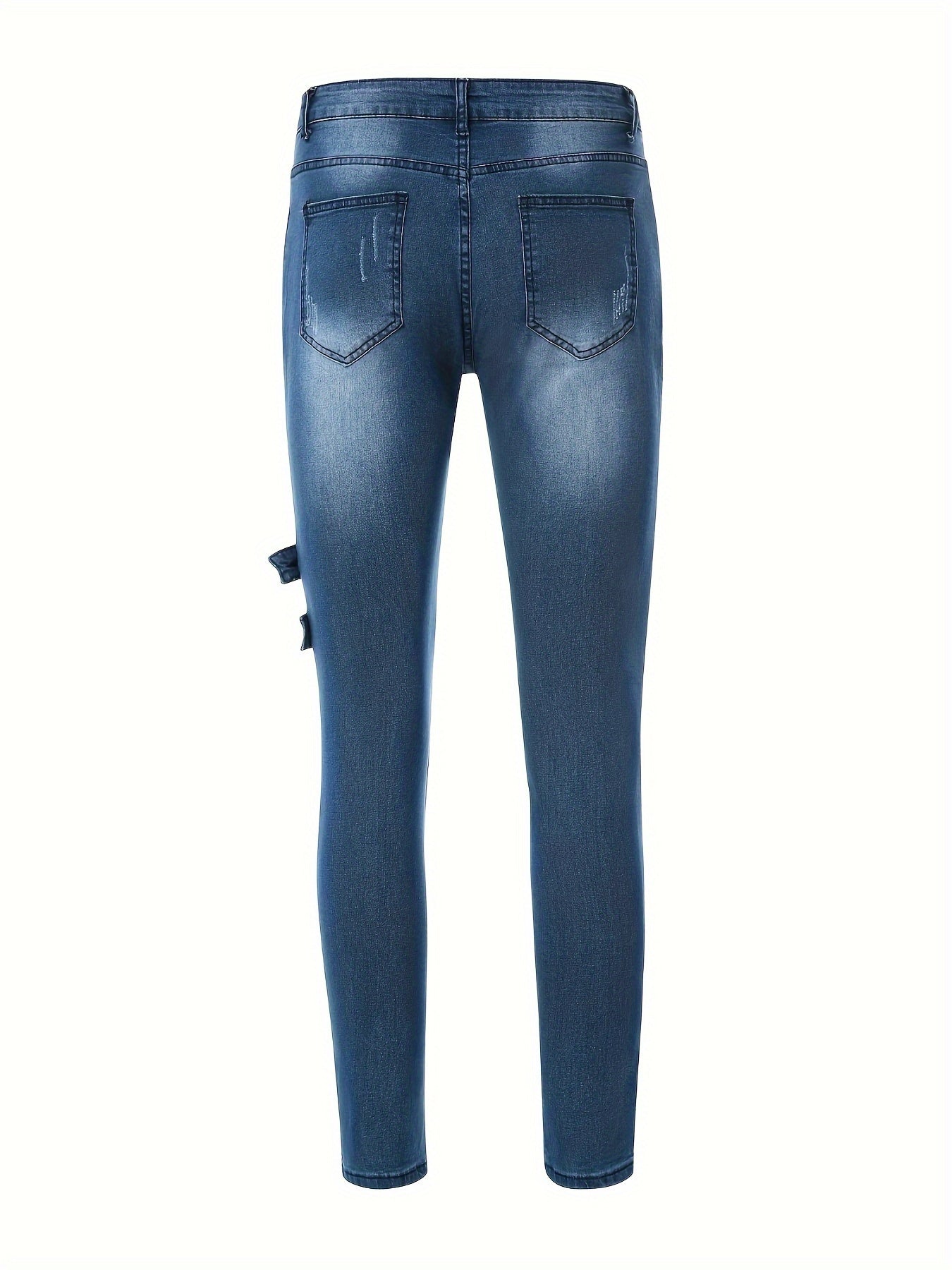 Stretchy Slim Fit Ripped Biker Jeans - Soft, Breathable, Distressed Denim Pants with Elastic Waistband for Men's Casual Street Style Fashion - Perfect for Spring and Fall Seasons