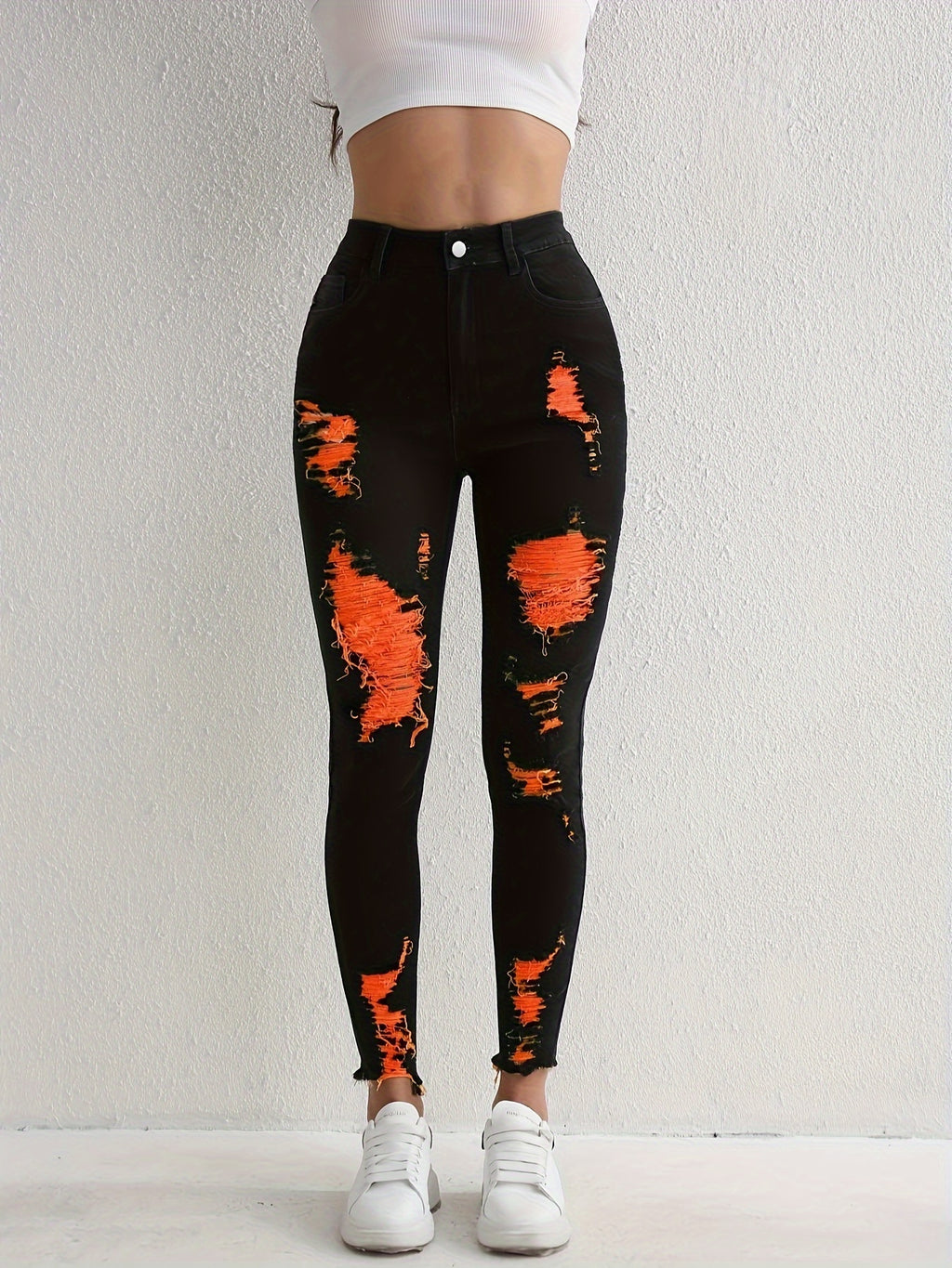 Stylish Black Ripped Skinny Jeans - High-Stretch, Slim Fit, Frayed Hem, Tight Leg, Comfortable Denim Pants for Women - Perfect for Casual Daily Wear, Party, and Outdoor Activities