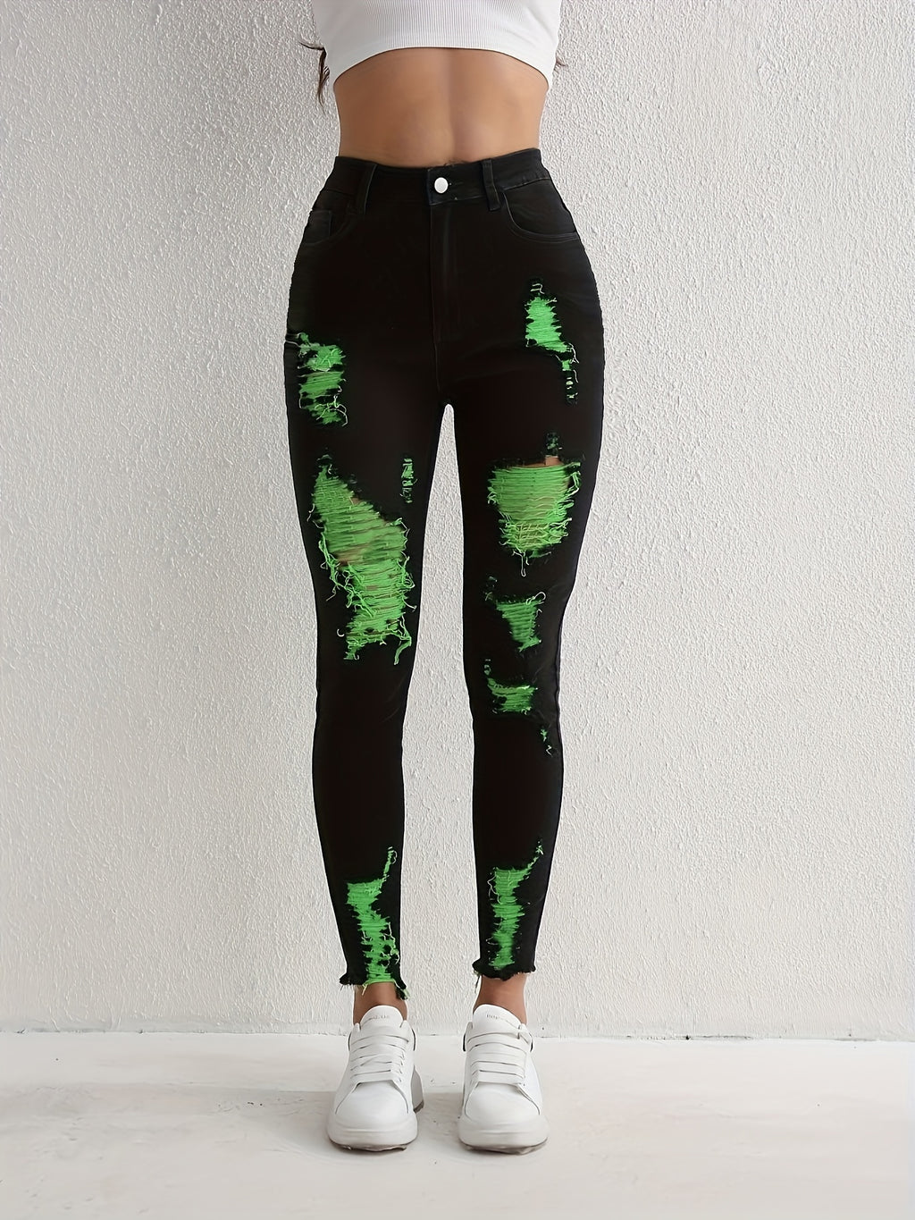 Stylish Black Ripped Skinny Jeans - High-Stretch, Slim Fit, Frayed Hem, Tight Leg, Comfortable Denim Pants for Women - Perfect for Casual Daily Wear, Party, and Outdoor Activities