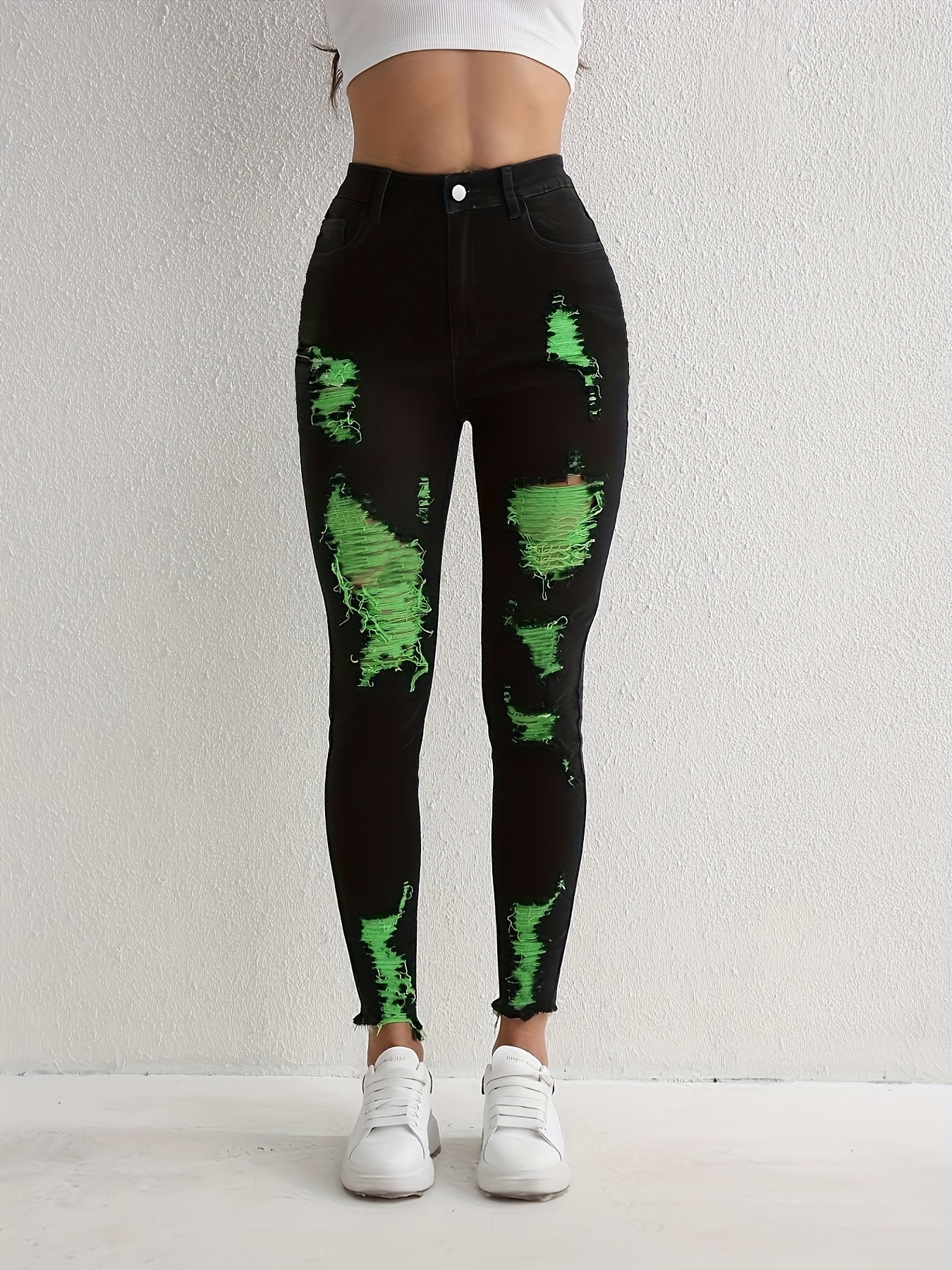 Stylish Black Ripped Skinny Jeans - High-Stretch, Slim Fit, Frayed Hem, Tight Leg, Comfortable Denim Pants for Women - Perfect for Casual Daily Wear, Party, and Outdoor Activities