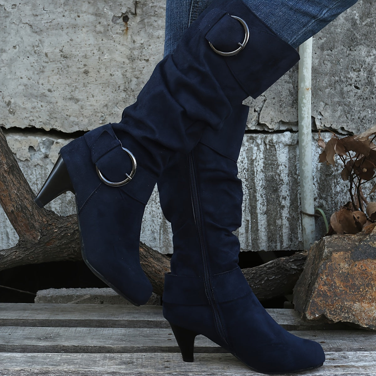 Fashionable Women's Slouchy Boots with Chunky Heels, Buckle Strap, and Pointed Toe - Easy to Pull On and Perfect for Any Occasion