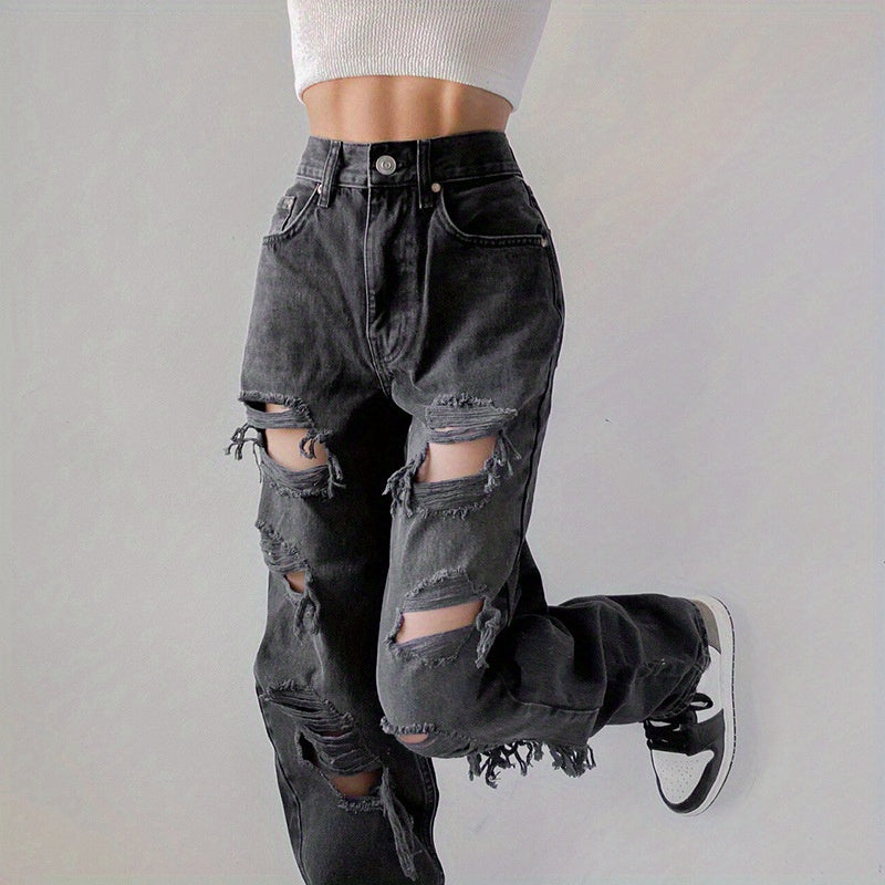 Plain Ripped Holes Straight Jeans, Loose Fit High Waist Distressed Slant Pockets Denim Pants, Women's Denim Jeans & Clothing