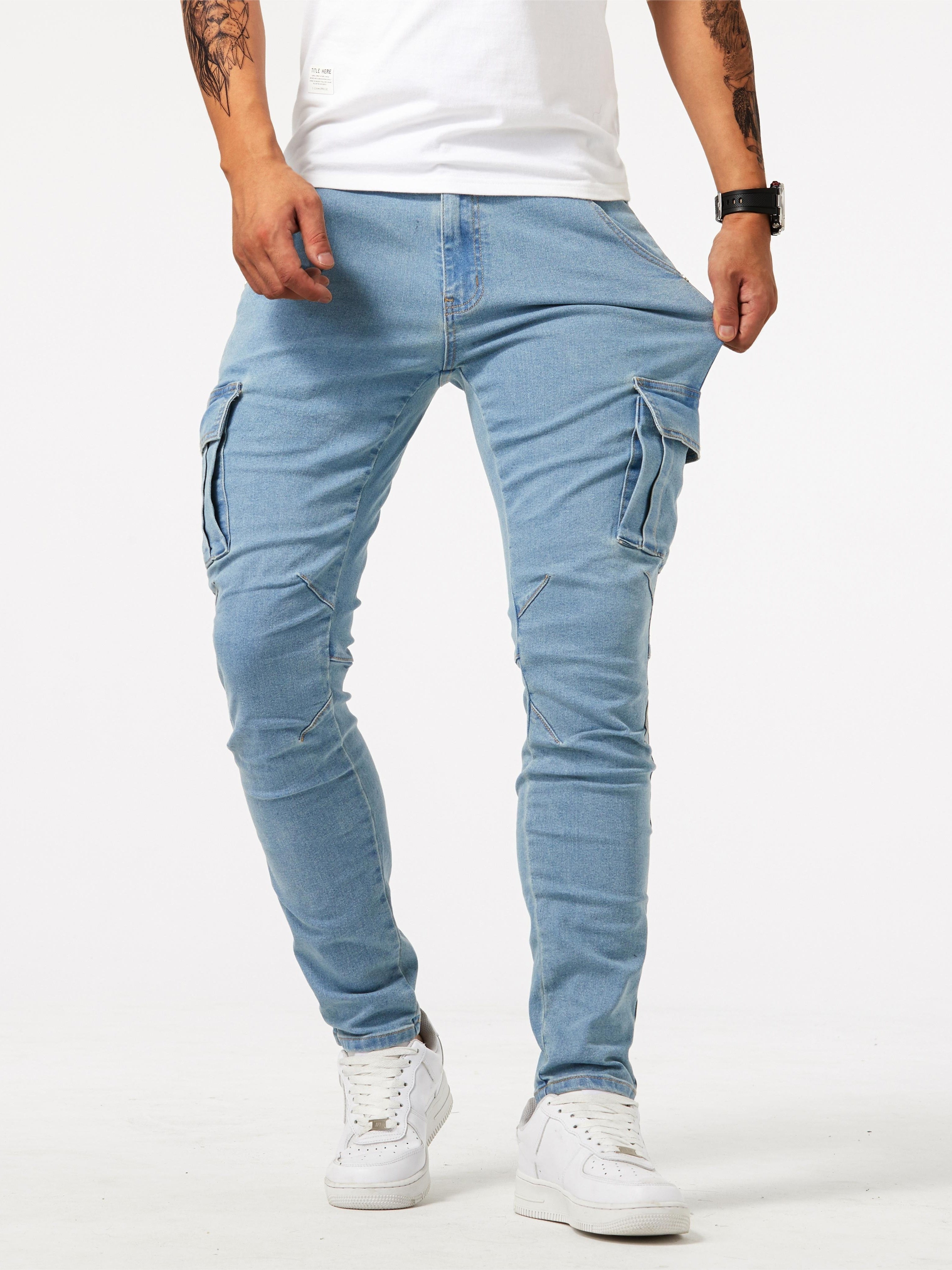 Slim Fit Multi-Pocket Jeans - Men's High Stretch Denim Pants for Casual Street Style, Outdoor Wear, All Seasons Comfort