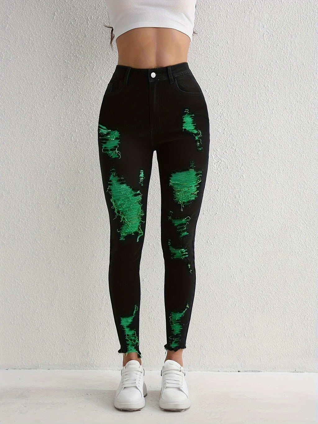 Stylish Black Ripped Skinny Jeans - High-Stretch, Slim Fit, Frayed Hem, Tight Leg, Comfortable Denim Pants for Women - Perfect for Casual Daily Wear, Party, and Outdoor Activities