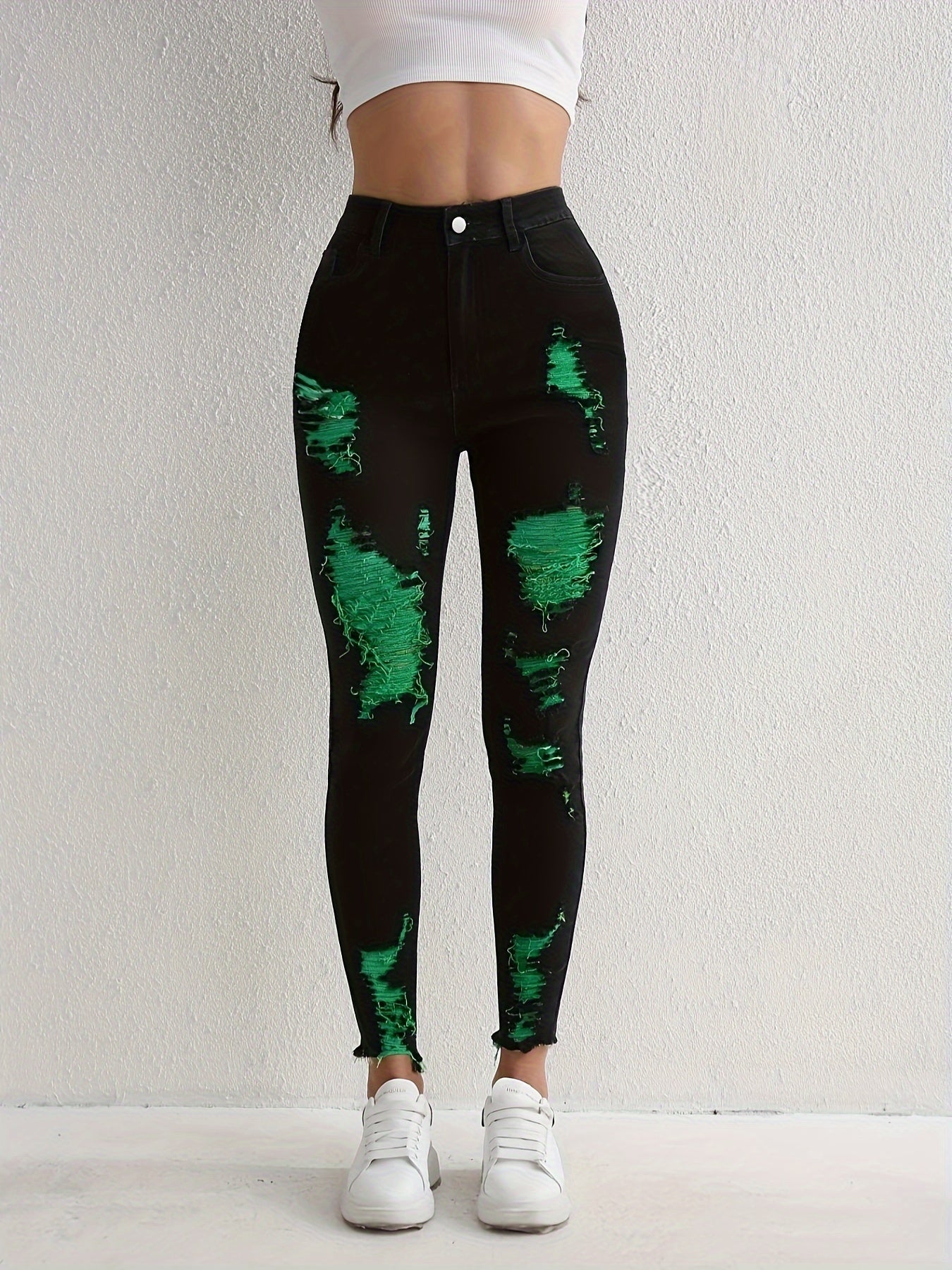 Stylish Black Ripped Skinny Jeans - High-Stretch, Slim Fit, Frayed Hem, Tight Leg, Comfortable Denim Pants for Women - Perfect for Casual Daily Wear, Party, and Outdoor Activities