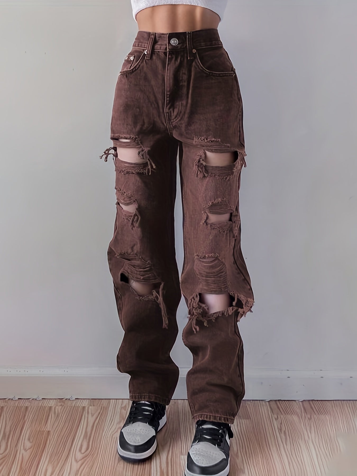 Plain Ripped Holes Straight Jeans, Loose Fit High Waist Distressed Slant Pockets Denim Pants, Women's Denim Jeans & Clothing