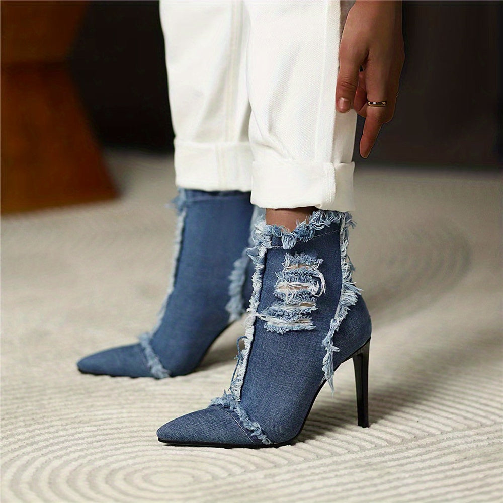 Womens Chic Denim Ankle Boots with Stylish Stiletto Heels - Trendy Pointed Toe, Distinct Raw Edge Trim, and Convenient Back Zipper - Fashionable High Heel Short Boots for a Bold Look
