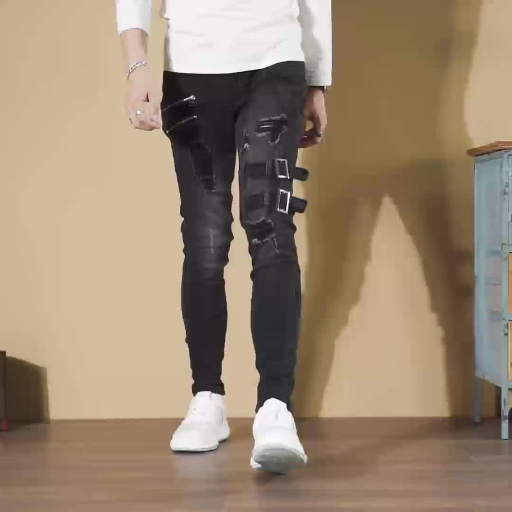 Stretchy Slim Fit Ripped Biker Jeans - Soft, Breathable, Distressed Denim Pants with Elastic Waistband for Men's Casual Street Style Fashion - Perfect for Spring and Fall Seasons