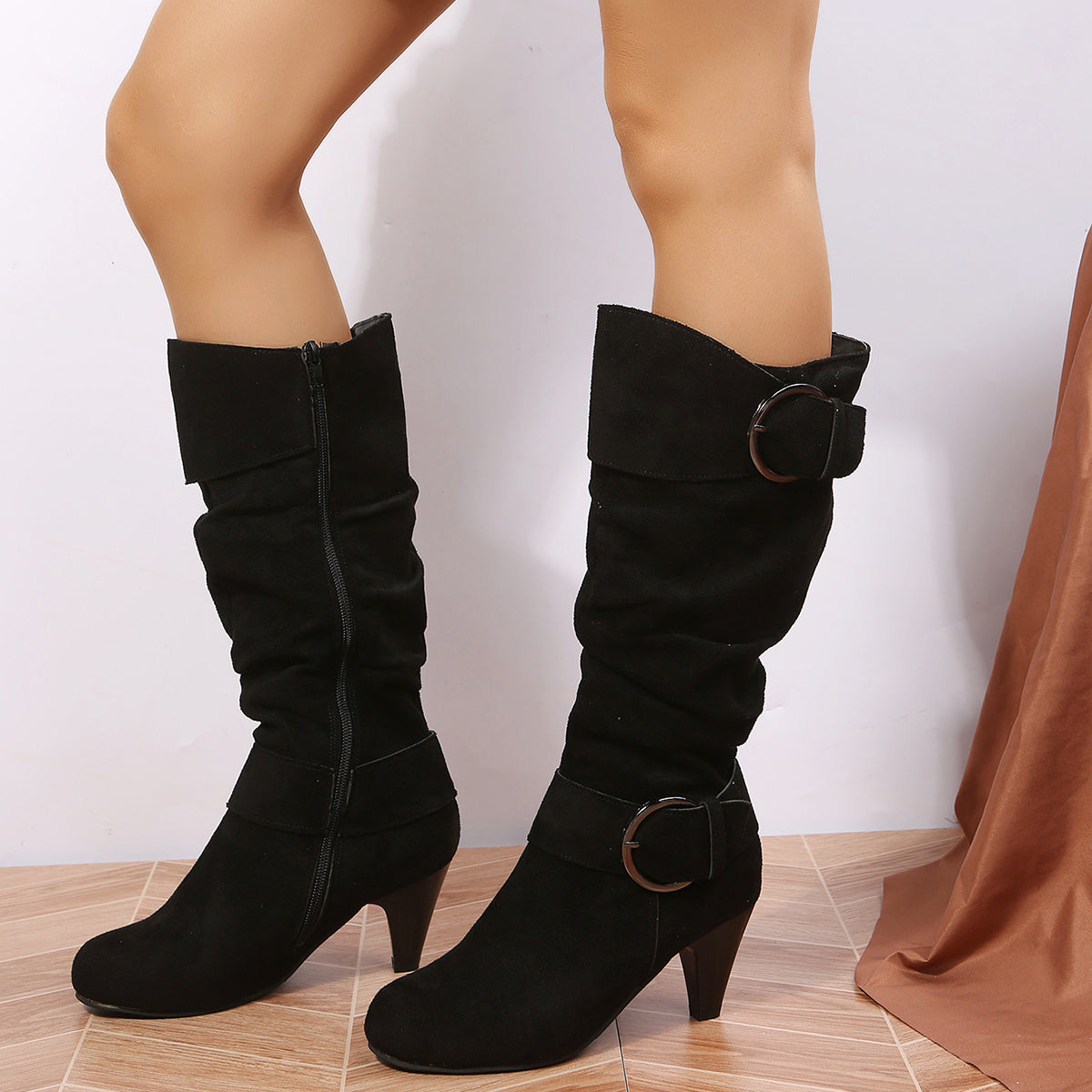 Fashionable Women's Slouchy Boots with Chunky Heels, Buckle Strap, and Pointed Toe - Easy to Pull On and Perfect for Any Occasion