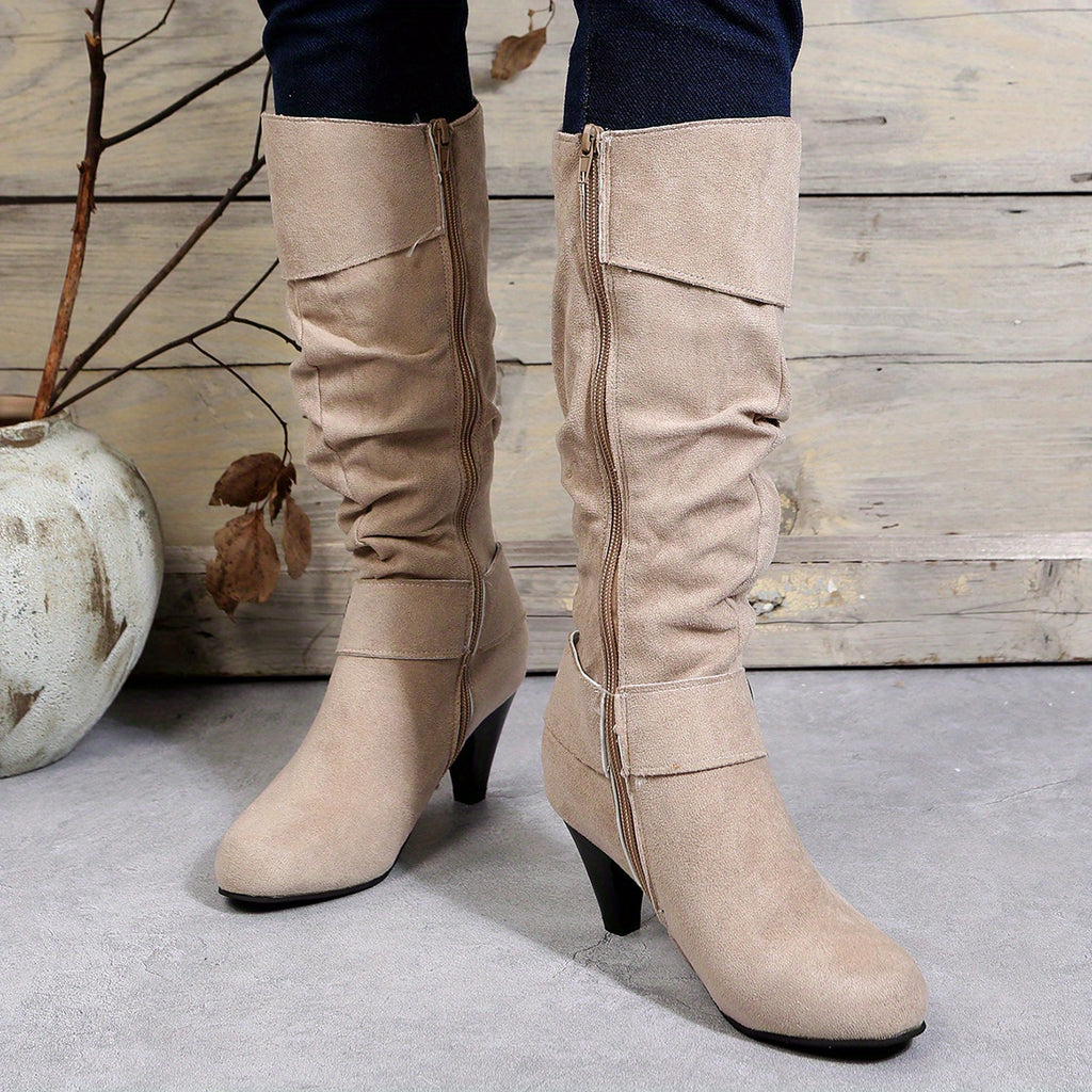 Fashionable Women's Slouchy Boots with Chunky Heels, Buckle Strap, and Pointed Toe - Easy to Pull On and Perfect for Any Occasion