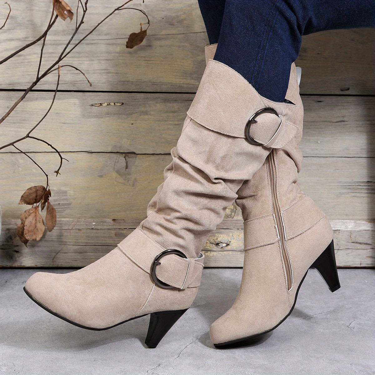 Fashionable Women's Slouchy Boots with Chunky Heels, Buckle Strap, and Pointed Toe - Easy to Pull On and Perfect for Any Occasion