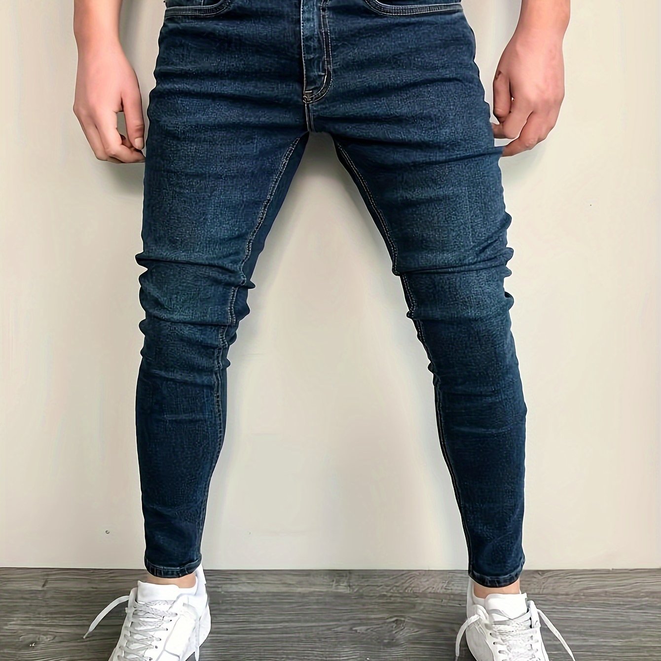 Stretchy Slim Fit Jeans - Men's Classic Casual Street Style Mid-Stretch Denim Pants for Spring Summer with Comfortable Cotton Fabric and Solid Color Design