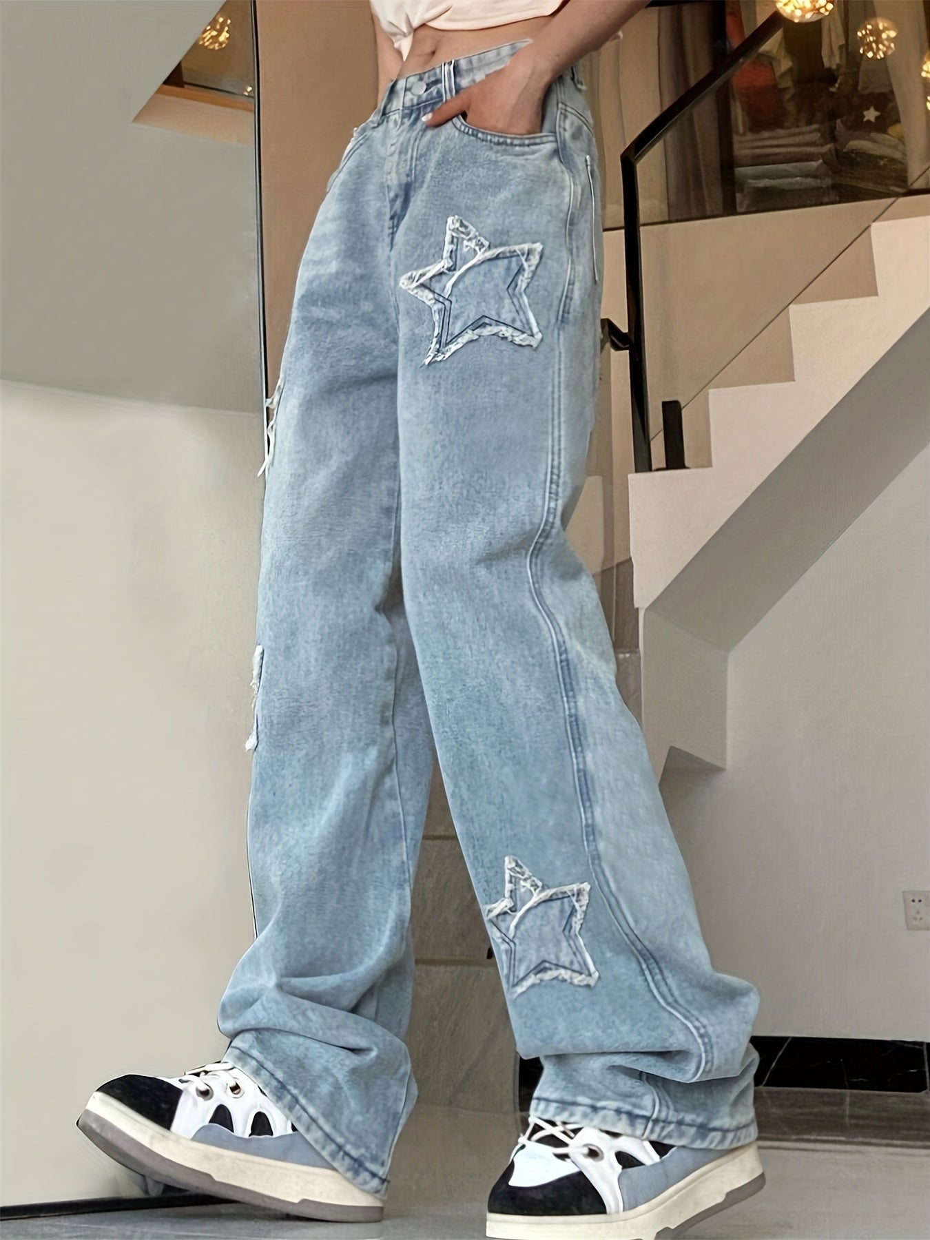 Women's Loose Fit Blue Star Patchwork Straight Jeans, Non-Stretch Wide Legs with Slant Pockets, Comfortable Denim Jeans for Everyday Wear