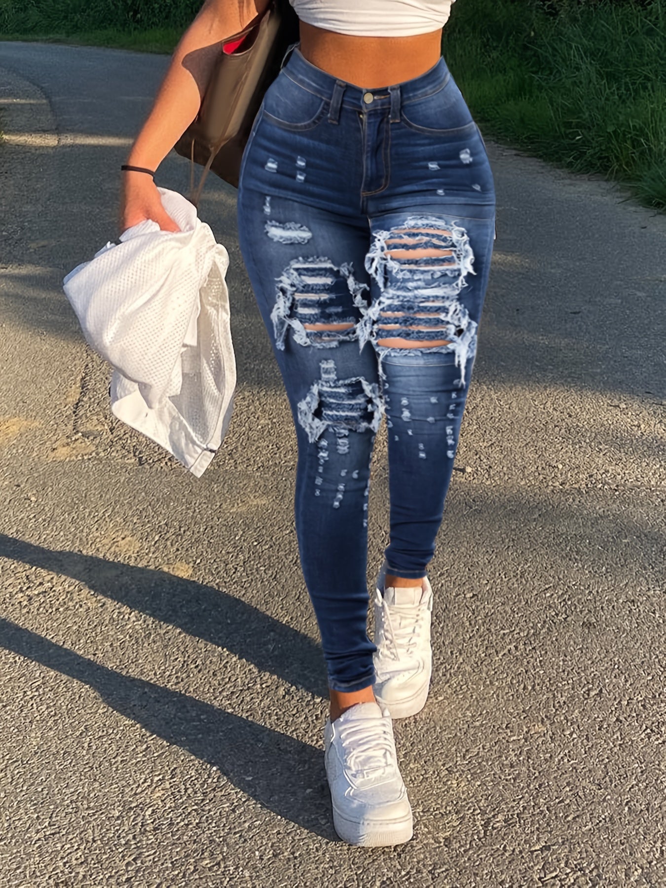 Plain Ripped Holes Skinny Jeans, Slim Fit Distressed Slight Stretch Ankle Length Jeans, Women's Denim Jeans & Clothing