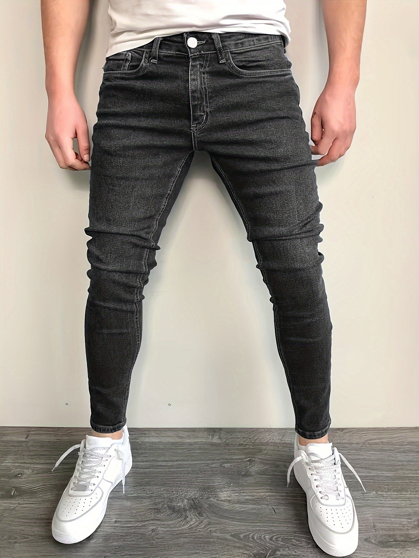 Stretchy Slim Fit Jeans - Men's Classic Casual Street Style Mid-Stretch Denim Pants for Spring Summer with Comfortable Cotton Fabric and Solid Color Design