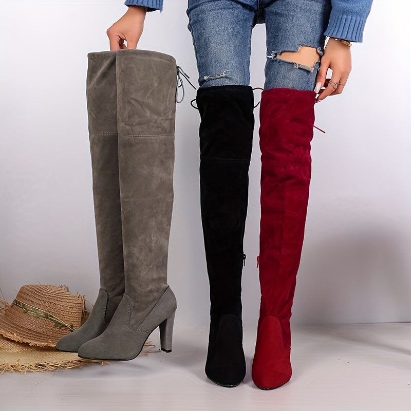 Women's Over-the-knee High Heels, Elegant and Fashionable Solid-color Thigh-high Boots with Comfortable -lined Thick Heels